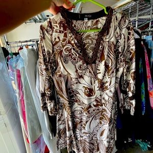 Cute Tunic dress floral tropical brown and white Robin Naylor designer